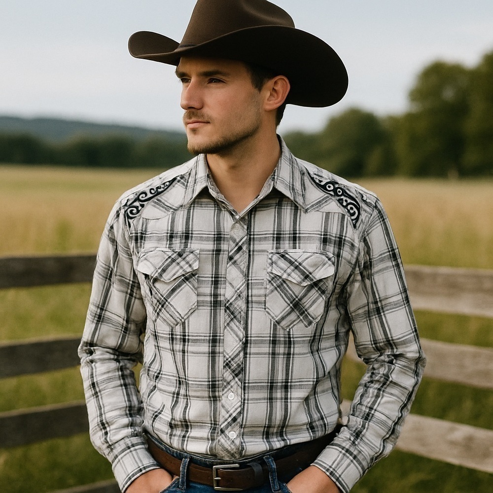 Machine Men’s Plaid Long Sleeve Shirt – Embroidered Western Style – Size M